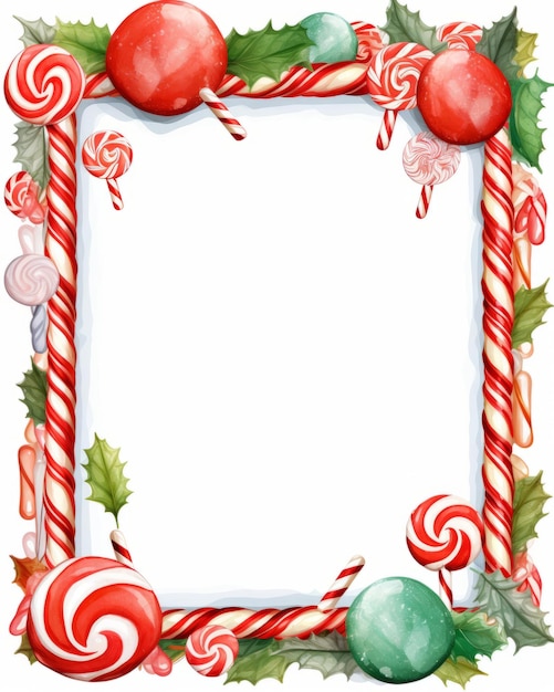 Photo christmas frame with candy canes and holly leaves on white background