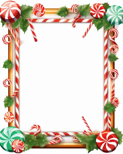 Christmas frame with candy canes and holly leaves on white background