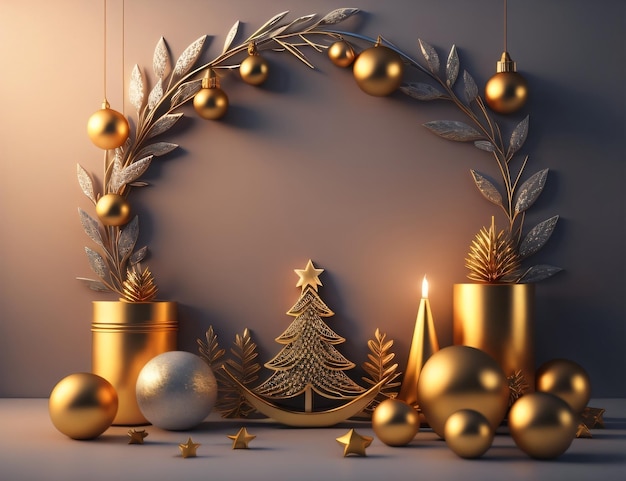 A christmas frame with gold ornaments and a tree on the left