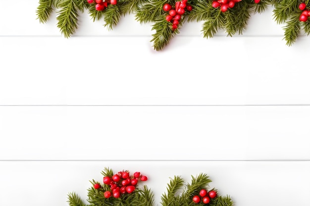 Christmas frame with red berries on a white wooden background