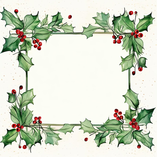 Photo christmas frame with red holly leaves delicate green watercolor generative ai