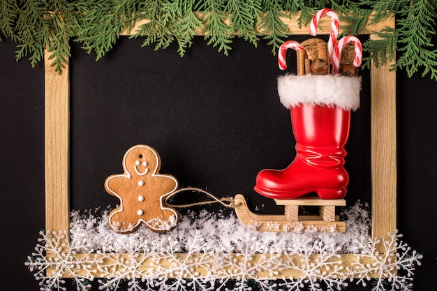 Christmas frame with  snow on black