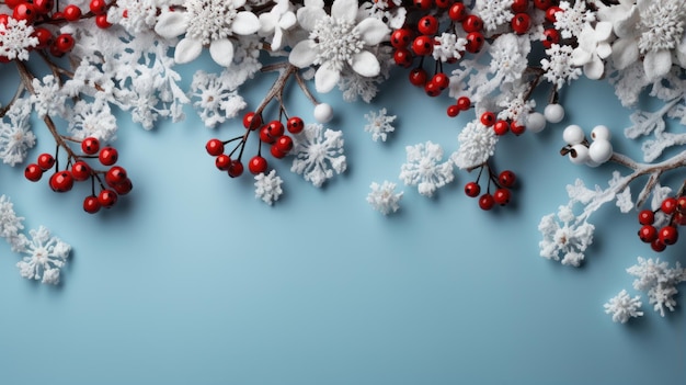 Photo christmas frame with snowflakes and red berries on a light blue background