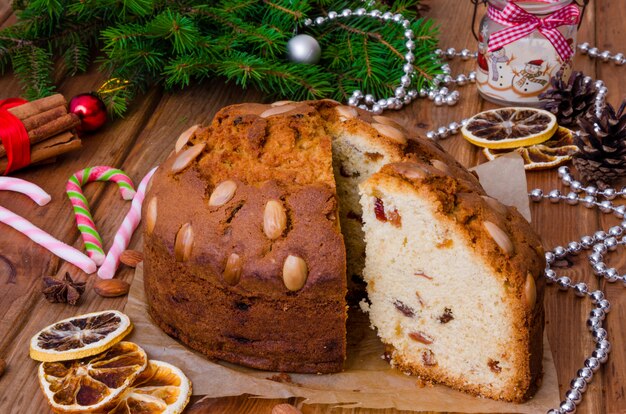 Christmas fruit cake with dried fruit and almonds. Dundee cake.