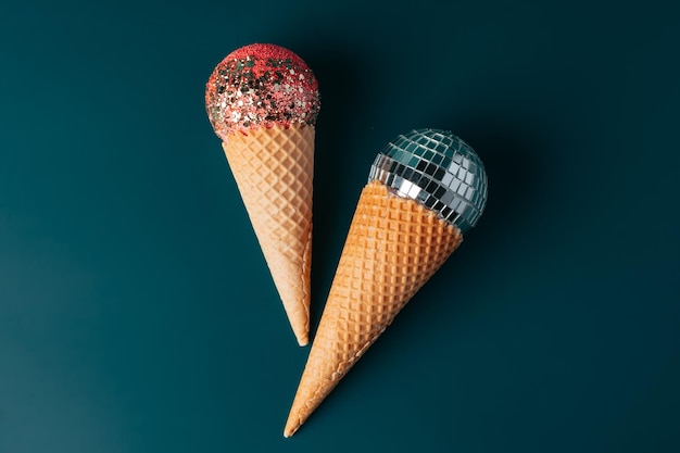 Christmas fun decorative fake ice cream cone on dark green background