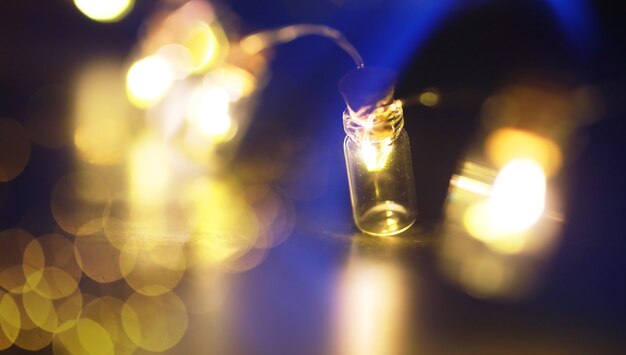 Christmas garland of glass bottles, jars with a plant inside. New year and christmas concept. A garland of light bulbs with a beautiful light and bokeh