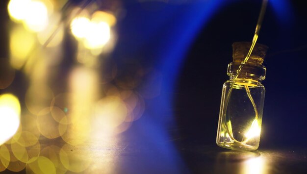 Christmas garland of glass bottles, jars with a plant inside. New year and christmas concept. A garland of light bulbs with a beautiful light and bokeh