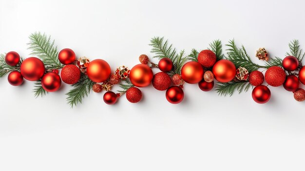 Christmas garland made of red balls and fir tree branches on white background