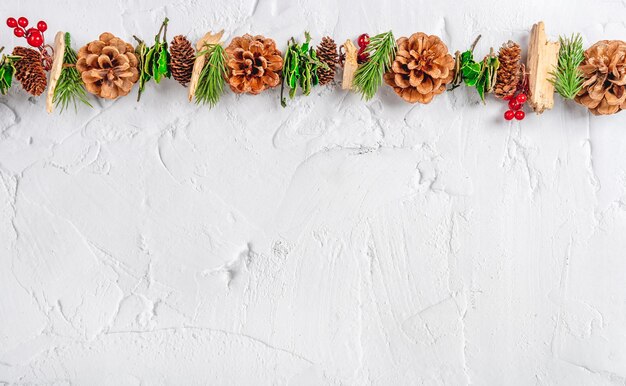 Christmas garland of pine and cones on a white concrete background