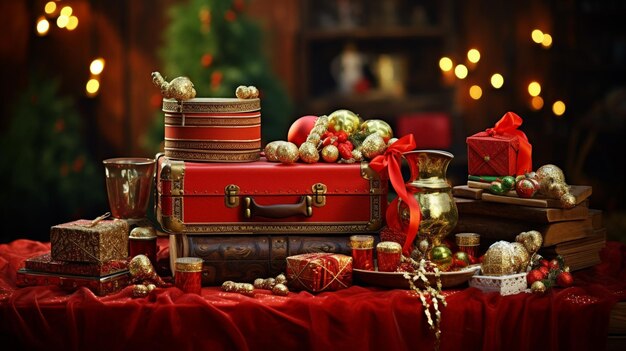 写真 クリスマス の 贈り物 と テーブル の 装飾