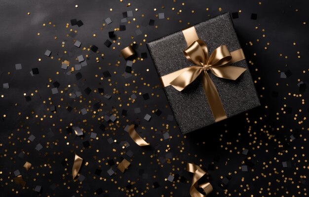 a christmas gift over a black background with gold confetti