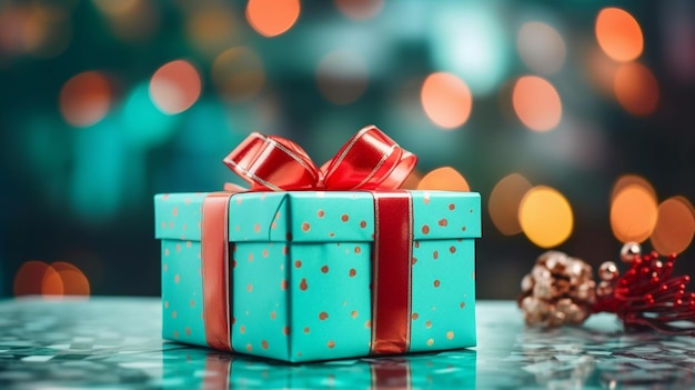 Christmas gift box against turquoise bokeh background