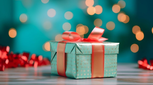 Christmas gift box against turquoise bokeh background