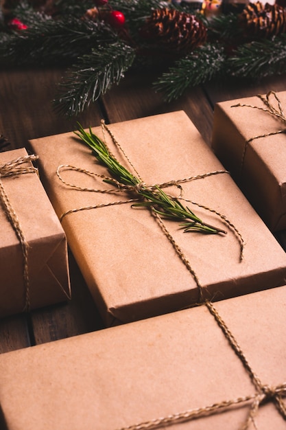 Christmas gift box decorated in kraft paper