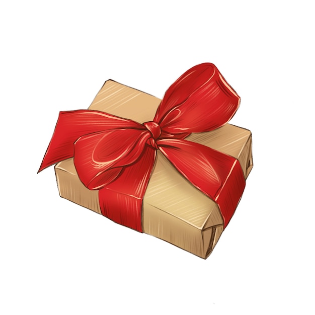 Иллюстрация рождественской подарочной коробки Новогодний подарок с красной лентой
