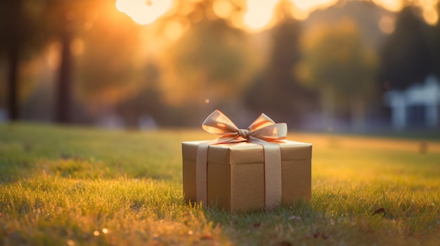 Christmas gift box on lawn with sunlight background