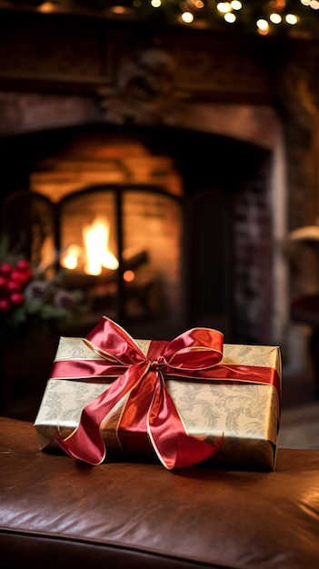 Foto confezione regalo di natale vicino al caminetto nel cottage di campagna inglese, festività invernali, celebrazione del giorno di santo stefano e ispirazione per lo shopping natalizio
