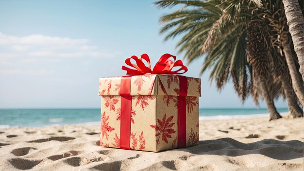 Foto scatola regalo di natale sulla spiaggia di sabbia mare con palme al sole caldo presente viaggio turistico