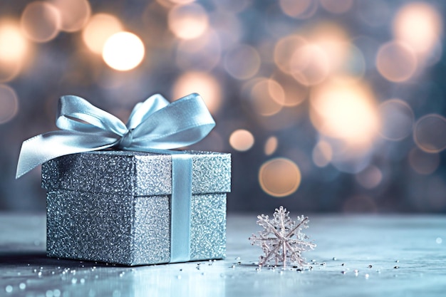 Christmas gift box silver with snowflakes on bokeh background AI generated