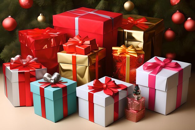 사진 나무  ⁇ 에 있는 크리스마스 선물 상자 다채로운 다채로운 선물 상자 ai 생성 conte