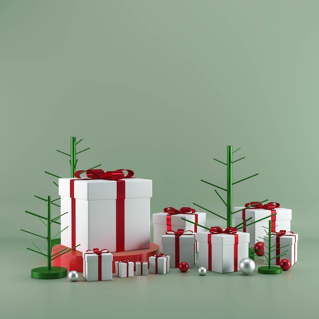 Christmas gift box with decorations on pastel green background