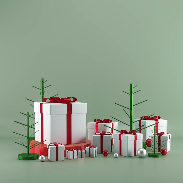 Christmas gift box with decorations on pastel green background