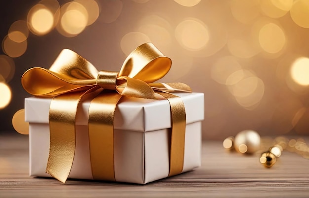 Christmas gift box with golden bow and decoration on bokeh background