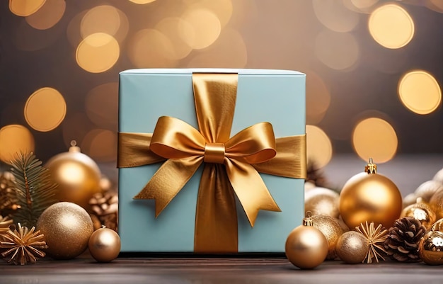 보케 배경에 황금색 활과 장식이 있는 크리스마스 선물 상자
