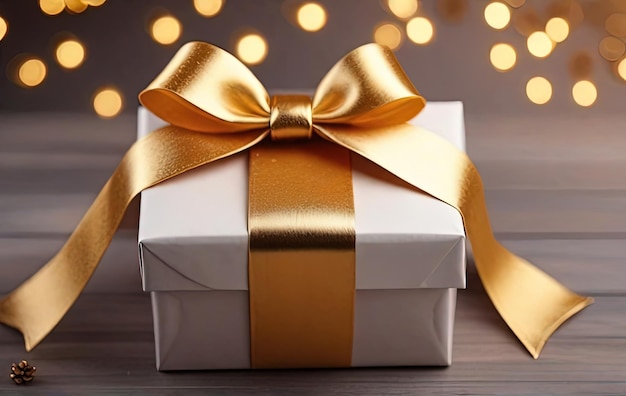 Christmas gift box with golden bow and decoration on bokeh background