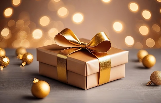 Christmas gift box with golden bow and decoration on bokeh background