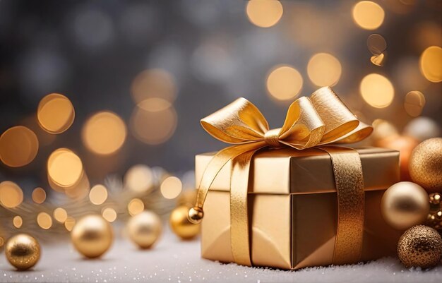 Christmas gift box with golden bow and decoration on bokeh background