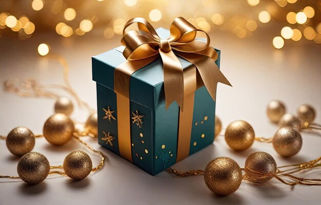 Christmas gift box with golden bow and decoration on bokeh background