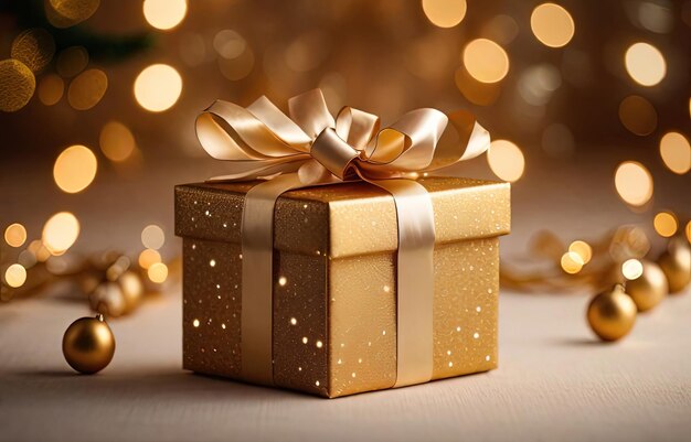 Christmas gift box with golden bow and decoration on bokeh background