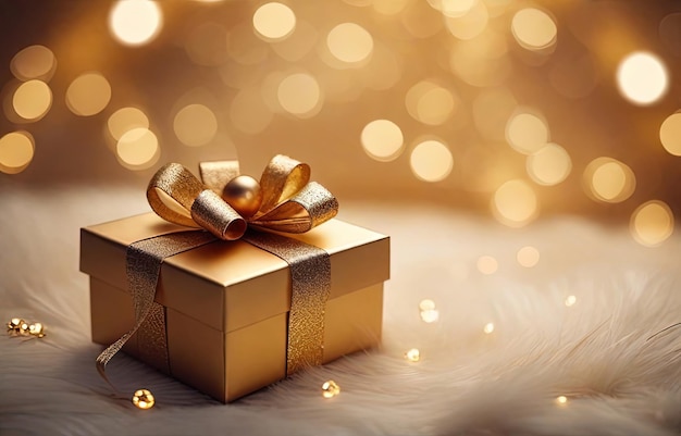 보케 배경 에 금색 활 과 장식 이 있는 크리스마스 선물 상자