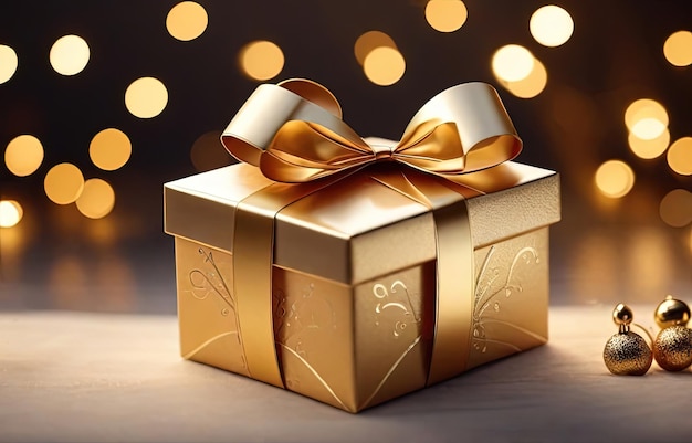 Christmas gift box with golden bow and decoration on bokeh background