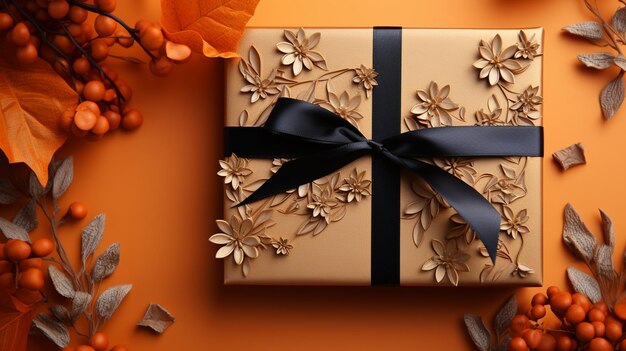 Christmas gift box with golden bow and orange flower