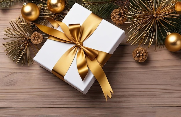 Christmas gift box with golden bow on wooden background