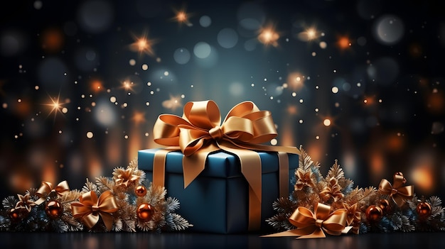 Christmas gift box with golden christmas balls on bokeh golden background