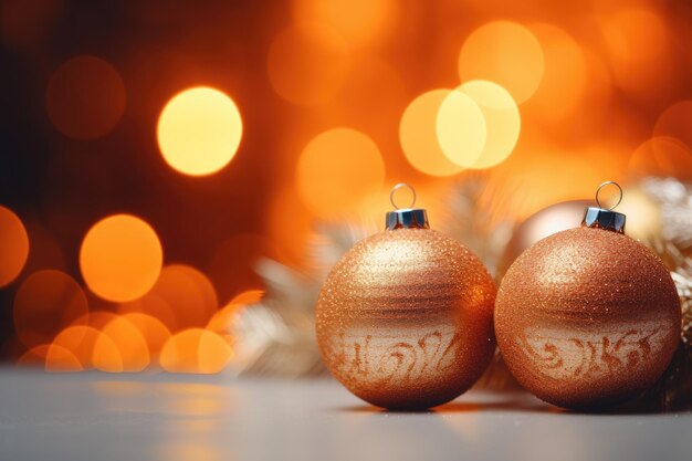 Christmas gift box with golden shiny bow between tree branches and christmas balls bokeh lights backgroundgolden christmas balls