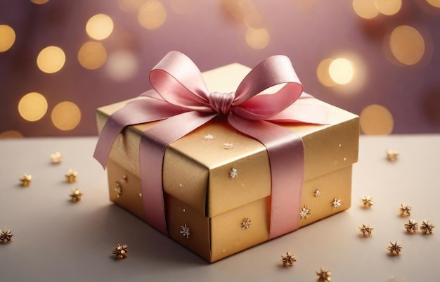 Christmas gift box with pink bow and decoration on bokeh background