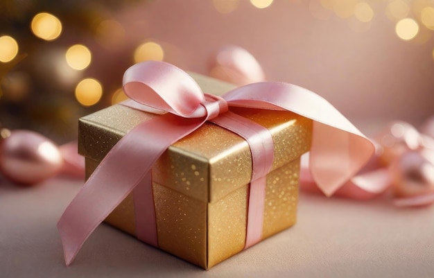 Рождественская подарочная коробка с розовым луком и украшением на фоне боке