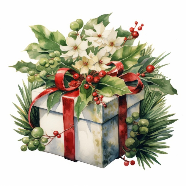 Christmas gift box with poinsettia and holly berry