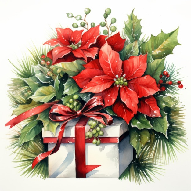 Christmas gift box with poinsettia and holly berry