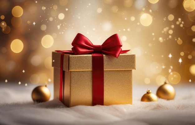 Christmas gift box with red bow and decoration on bokeh background