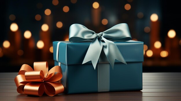 christmas gift box with red ribbon bow on blurred background