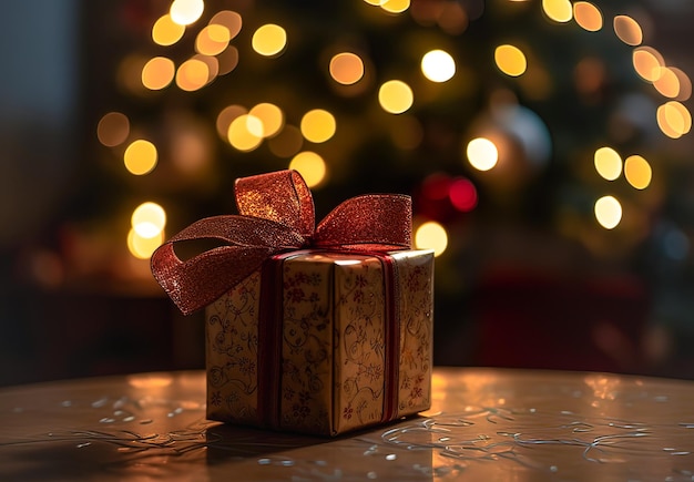 Christmas gift box with red ribbon on a wooden table in the living room