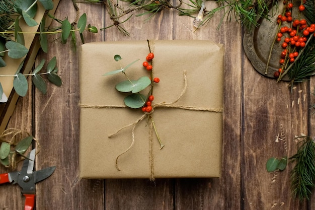 Christmas gift box wrapped in brown paper Eco friendly Christmas present packaging