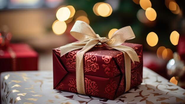 Photo christmas gift box wrapped in red paper with a gold ribbon in a festive setting