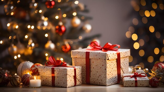 Christmas Gift Boxes Arranged Indoors A Festive Scene with Blurred Bokeh Light Christmas Tree