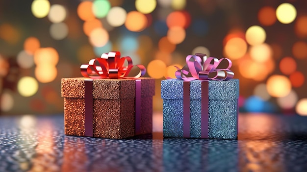 Рождественские подарочные коробки и огни боке 3d иллюстрация Generative ai